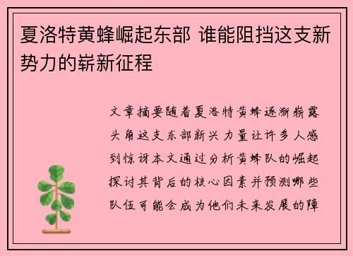 夏洛特黄蜂崛起东部 谁能阻挡这支新势力的崭新征程