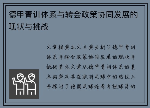 德甲青训体系与转会政策协同发展的现状与挑战
